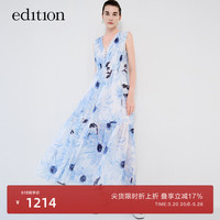 edition连衣裙女新款度假风水墨画印花棉麻连衣裙背心裙 白底蓝花色