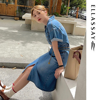 歌力思（ELLASSAY）杨紫承欢记同款春夏100%莱赛尔天丝柔软亲肤牛仔连衣裙女开叉 深牛仔蓝 M（5.27）