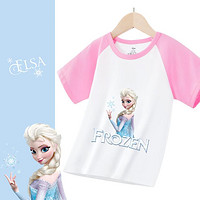 Disney 迪士尼 冰雪奇缘拼接儿童T恤2024夏款舒适透气女童短袖圆领上衣
