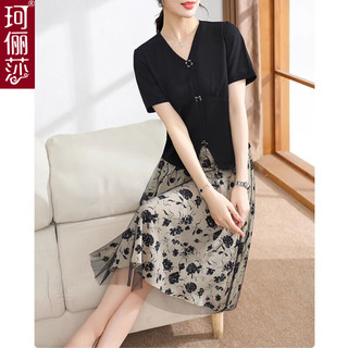 珂俪莎装夏装套装连衣裙短袖上衣中老年女小衫时尚连衣裙母亲节衣服 BYBL-3216 黑色【两件套】 3XL【120-135斤】