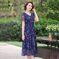 中年连衣裙 显瘦连衣裙女夏季宽松显瘦弹力网纱夏季气质减龄碎花连衣裙女装长裙子 蓝色 XL 115-125