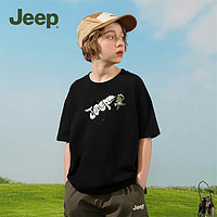 Jeep吉普童装2024夏季儿童T恤男童纯棉上衣女童宽松休闲短袖 黑色 130cm