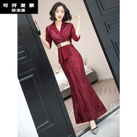 FEILUOMAN 菲洛曼 婚礼装高档礼服春夏季宴会晚裙女高贵婆婆参加气质修身红色名媛主持人 酒红色 量身