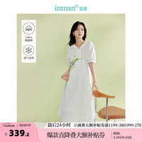茵曼(INMAN)100%纯棉法式赫本V领连衣裙2024夏季女装新款短袖高腰显瘦裙子 雾白