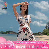 SANQI 三奇 泳衣女士连体裙式遮肚显瘦大码度假温泉游泳装24060 花色 XL
