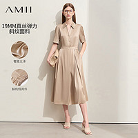 AMII 2024夏轻奢高级翻领半开襟弹力真丝连衣裙女长款衬衫裙子12422174 驼色 165/88A/L