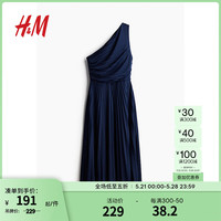 H&M女装2024夏季新款褶裥单肩中长款连衣裙1236333 海军蓝 1