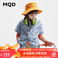 马骑顿 MQD童装男童牛仔格纹衬衫学院感小熊短袖衬衣 浅牛仔蓝 1