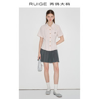芮鸽大码 衬衫女夏季高级显瘦收腰气质清新樱花粉短袖上衣
