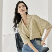DUIBAI 对白 夏装设计感微开翻领莱赛尔透气假两件女式七分袖衬衫