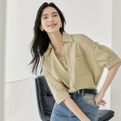 DUIBAI 对白 夏装设计感微开翻领莱赛尔透气假两件女式七分袖衬衫