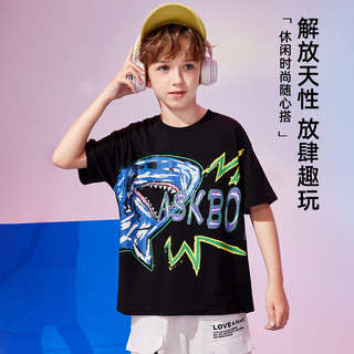 ASK JUNIOR男童T恤2024夏薄款纯棉T恤儿童卡通印花跑步上衣 黑色 120