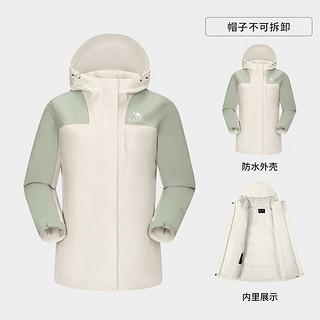 骆驼（CAMEL）拼色夹棉冲锋衣男女棉服外套防风防水户外登山服 A23CA70136，苍绿色-橡木灰，女 XXXL