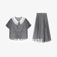 Basic House/百家好夏日摩登圆领轻甜上衣+半裙套装B0624B5U462 灰色 L115-125斤