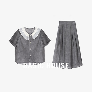 Basic House/百家好夏日摩登圆领轻甜上衣+半裙套装B0624B5U462 灰色 L115-125斤