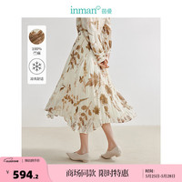 茵曼（INMAN）新中式全苎麻碎花裙2024夏女装松紧腰A字裙 橄榄绿-米杏 L