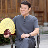 法牧奇唐装男中老年爸爸夏装套装中国风60岁70老人衣服爷爷夏季休闲短袖 深灰 套装 39 （体重90-115斤）