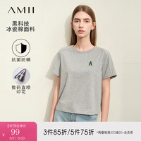 AMII2024夏百搭圆领字母印花黑科技抗菌T恤女宽松短袖12422096 中花灰 160/84A/M