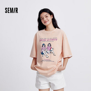 森马（Semir）短袖T恤女中长款印花复古2024夏季宽松套头衫 粉橙60850 XL 170/92A