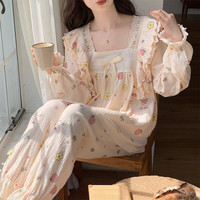 婧麒(JOYNCLEON)家居服夏季怀孕期大码睡衣女家居休闲服田园风花边泡泡棉套装 小黄花 L码