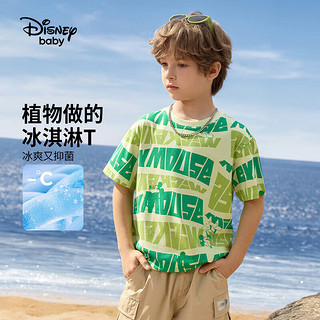 迪士尼童装男童针织凉感抗菌短袖T恤2024儿童夏装运动上六一儿童节 绿字母米奇 150