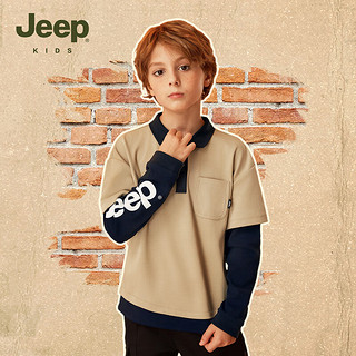 Jeep男童长袖t恤春秋儿童字母印花POLO衫打底衫上衣 浅卡其 140cm 