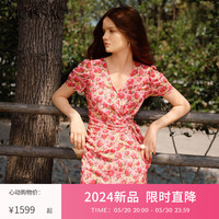 摩萨克2024夏新款玫瑰提花刺绣短袖收腰中长款连衣裙女 花粉红