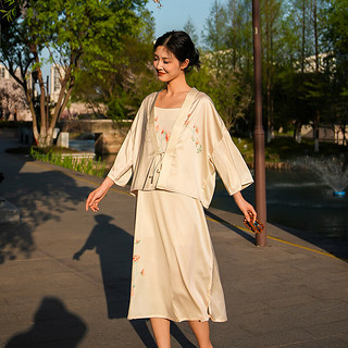上海故事新中式国风配吊带裙防晒衫女夏季法式甜美中长款空调罩衫外套 盛世花镜 米白 XL