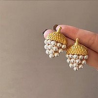 Trendolla s925银针镶珍珠金色小松果耳环时尚饰品质感法式小众耳钉气质耳饰