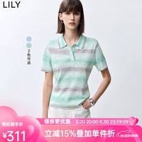 丽丽 LILY2024夏新款薄荷曼波短款polo领渐变纱线显瘦条纹短袖针织衫女