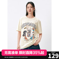 太平鸟动物家族印花T恤女短袖2024夏新款宽松休闲圆领纯棉上衣潮 米色