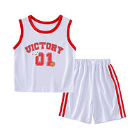 棉花堂男童套装宝宝背心短裤两件套儿童篮球服夏装运动服薄款   本白 130/64