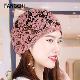 Fangchi 帽子女士夏天镂空包头帽头巾帽薄款百搭洋气钩花空调帽遮白发帽 砖红（花花镂空） 均码(55-60cm)有松紧