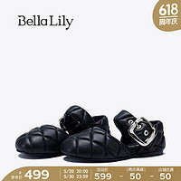 Bella Lily2024夏季小香风黑色单鞋女菱格玛丽珍鞋羊皮平底鞋 黑色 35