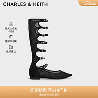 CHARLES&KEITH24夏尖头网纱平底罗马长筒凉靴女CK1-71790005 BLACK TEXTURED黑色纹理 35
