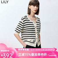 丽丽 LILY2024夏新款女装时尚条纹圆领基础款百搭短袖小香风针织开衫女 510黑色