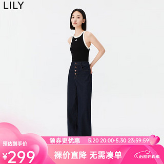 LILY女装复古别致排扣显瘦高腰阔腿牛仔裤 410深蓝 XS