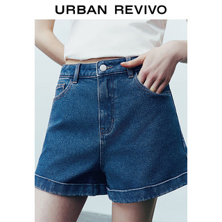 URBAN REVIVO 女士都市休闲复古时髦卷边牛仔短裤 UWU840069 蓝色 28