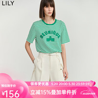丽丽 LILY2024夏女装复古时尚条纹百搭休闲字母绣花通勤款宽松T恤 301绿色 S