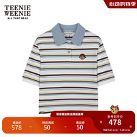 Teenie Weenie小熊女装2024新款夏装撞色翻领短袖T恤条纹短款上衣 蓝色 1