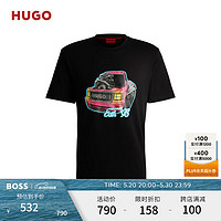 HUGO男士2024夏季汽车艺术印花宽松版型棉质T恤 001-黑色 EU:XL