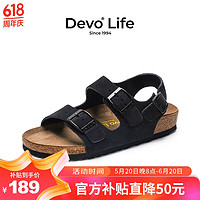 Devo 的沃 Life的沃软木凉鞋女休闲平跟搭扣时尚休闲反绒绒面女士凉拖2627 黑色反绒皮 41