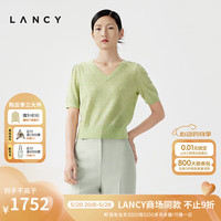 朗姿/LANCY2024夏季绿色菱格v领针织衫女短袖羊毛亚麻套头衫 卡其绿色 M