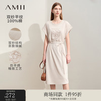 AMII2024夏新款极简双纱全棉连肩袖绣花中长配腰带宽松连衣裙女款