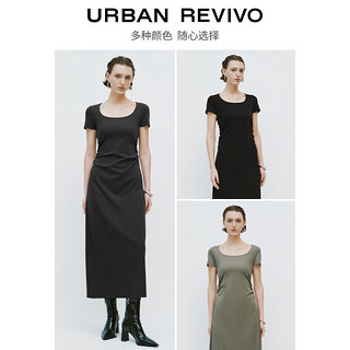 URBAN REVIVO 女士时尚简约收褶后开衩修身连衣裙 UWJ740022 黑色  XS