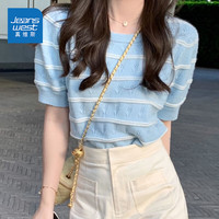 真维斯（JEANSWEST）针织衫女士夏季圆领条纹针织衫女设计感泡泡袖上衣短袖蓝色均码
