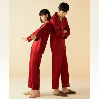 金三塔真丝睡衣女士长袖两件套100%桑蚕丝婚庆本命年家居服套装 焦糖红（19姆米女士套装） M