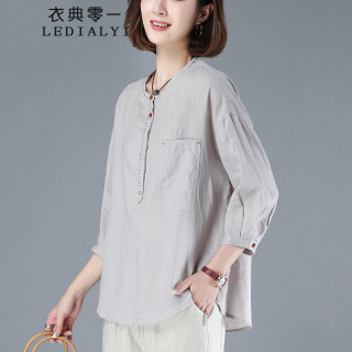 衣典零一（LEDIALYI）2024夏季女装时尚休闲宽松百搭棉麻短袖t恤女夏天薄半袖上衣 浅灰色 XL （126-140斤） XL【125-140斤】