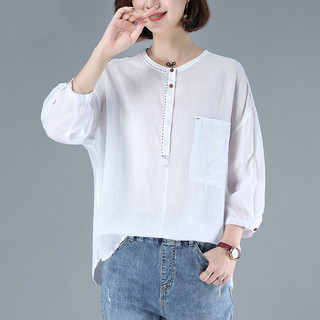 衣典零一（LEDIALYI）2024夏季女装时尚休闲宽松百搭棉麻短袖t恤女夏天薄半袖上衣 浅灰色 XL （126-140斤） XL【125-140斤】