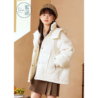 紫涵（ZIHAN）短款连帽羽绒服面包服保暖棉大衣外套纯色女装 米色 L